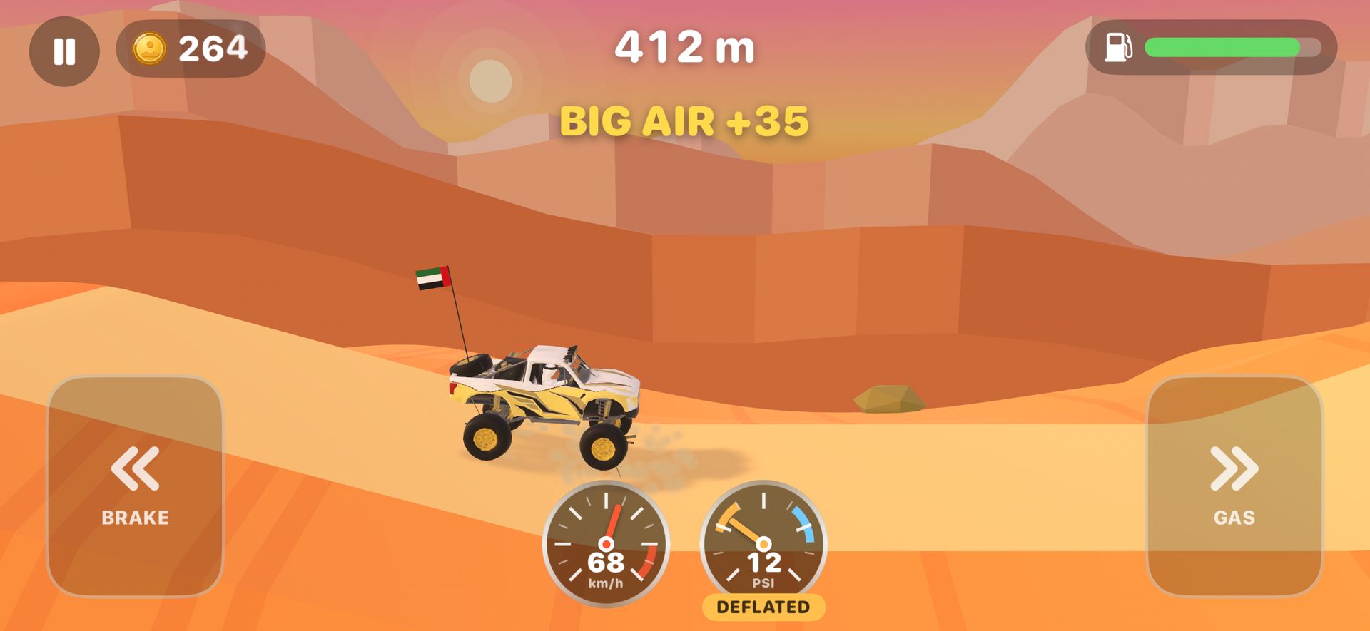 Dune Bash gameplay: a desert truck catching big air over orange dunes