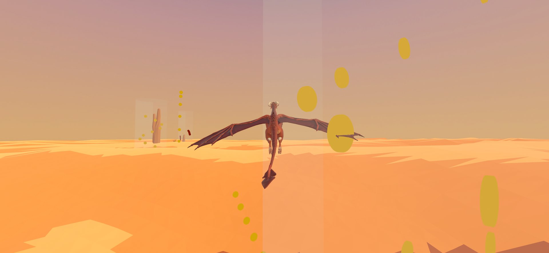 Mightywing gameplay: a red dragon gliding over golden dunes at dusk